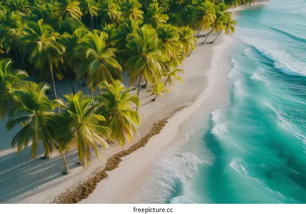 Beach with palm trees from above