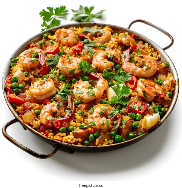 Seafood paella with prawns, mussels, peas, lemon and parsley