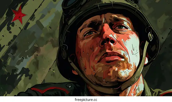 A soldier wearing a green helmet with a red star on it. His face is sweaty and he is looking up.