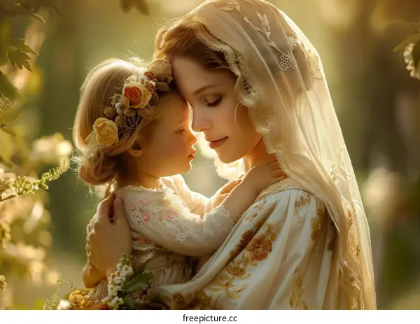 Mother and Daughter Embrace in Sunlight