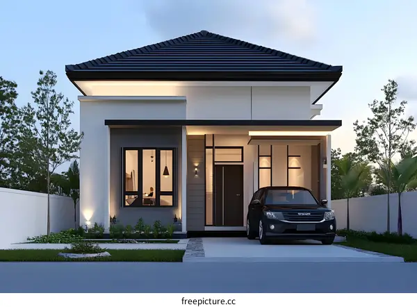 Modern Minimalist House Design with Black Car in Front