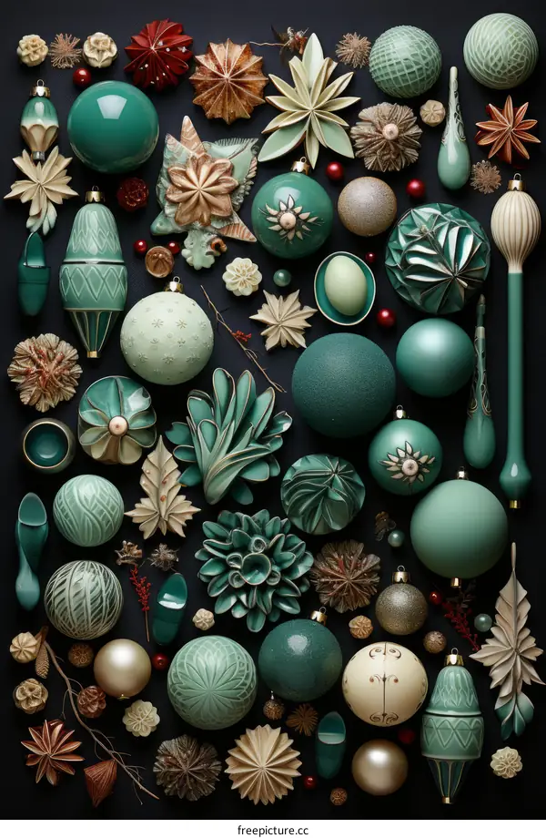 Green Christmas ornaments and decorations on a black background