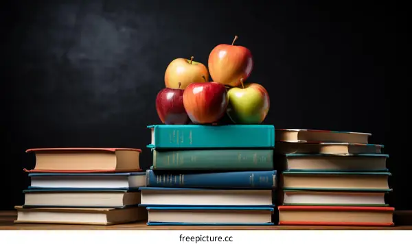 A stack of books with apples on top