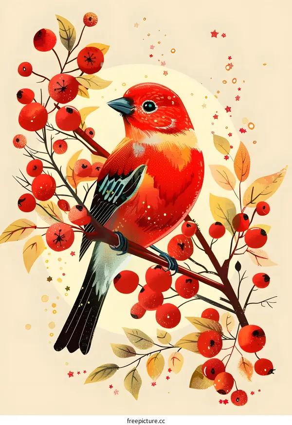 Red Bird Illustration With Berries And Leaves