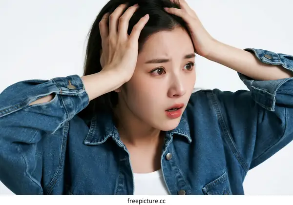 Young woman with a worried expression holding her head