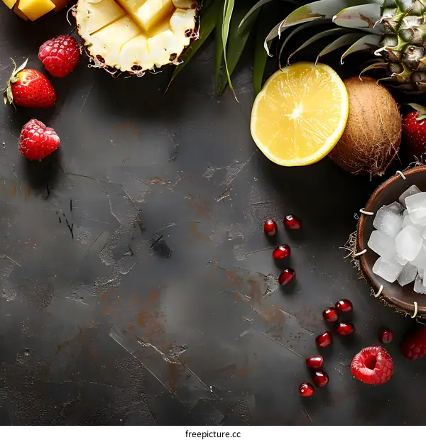 Tropical Fruits and Ice Cubes on Rustic Surface