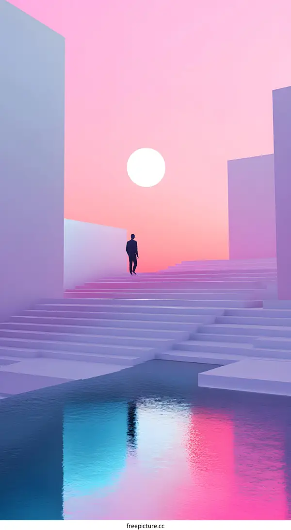 Minimalist  Illustration  of  Man  Walking Up  Stairs  Towards  Sunset