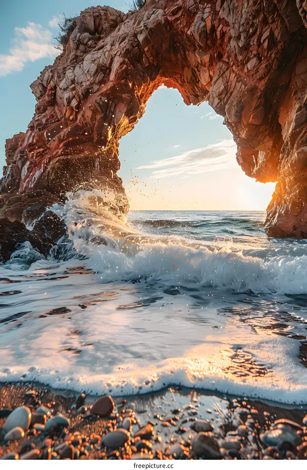 Rocky arch on the beach with the sun rising from the sea