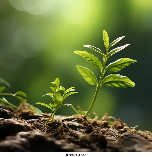 Two Green Seedlings Sprouting from Soil in Blurred Background