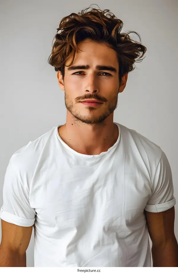 Portrait of a handsome young man with brown hair and blue eyes