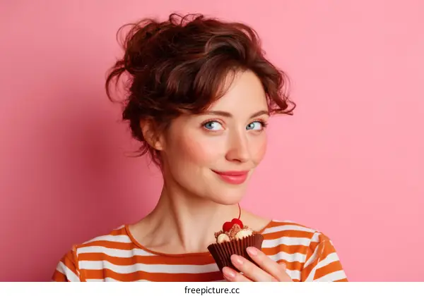 Woman Holding Cupcake against Pink Background