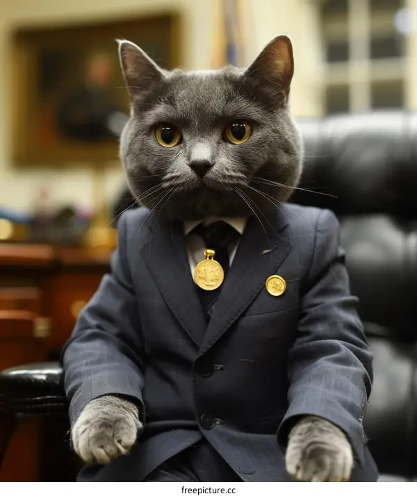 Gray cat in suit sitting in chair