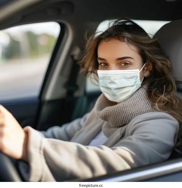 Young woman wearing a mask driving a car