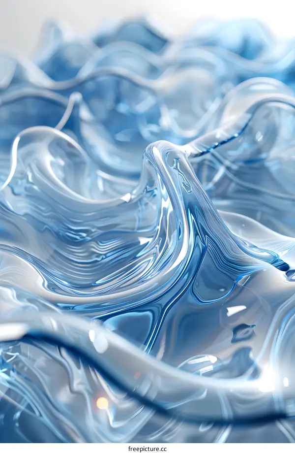 Blue abstract 3D rendering of a liquid or glass surface with a smooth wavy pattern