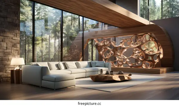 Artistic wooden wall sculpture in a modern living room