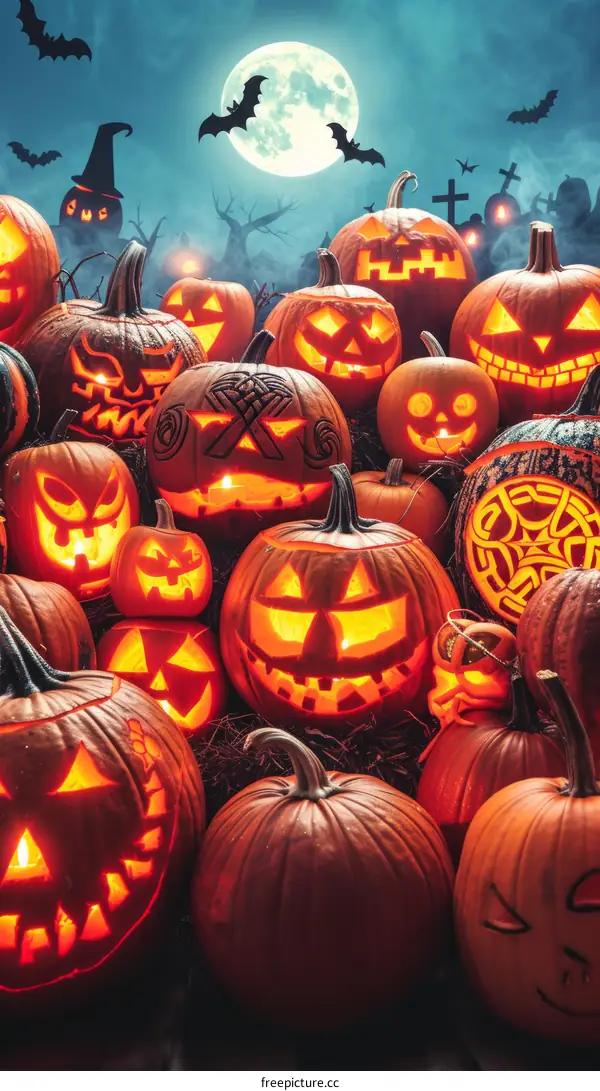 A Spooky Collection of Jack-o'-Lanterns Under a Full Moon