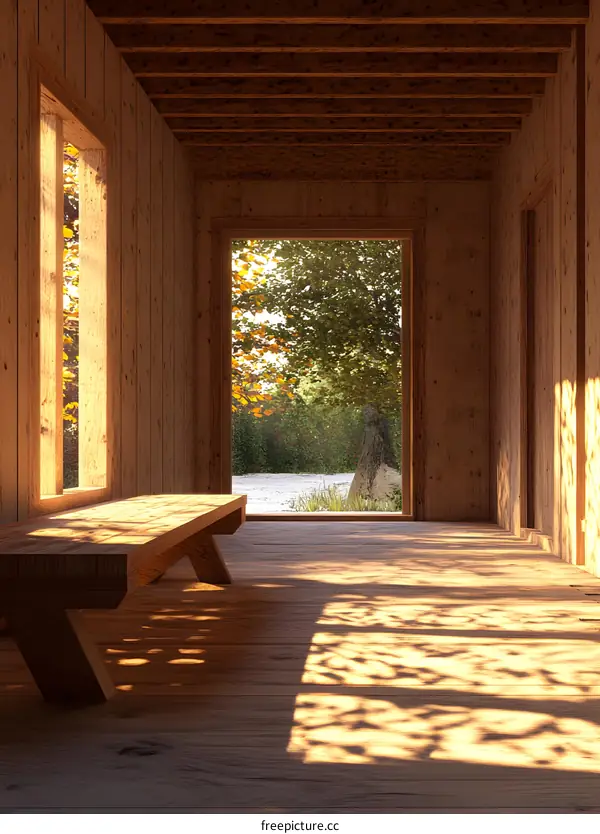 Wooden Porch with Bench and Window View of Trees