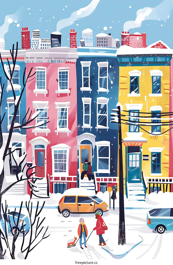 Snowy Day in the City with People Walking