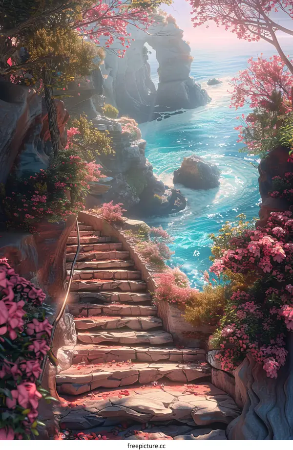 Stone Staircase Leads to Pink Blossoms and the Sea