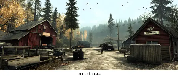 Old Wooden Buildings And A Forest Landscape In A Rural Village