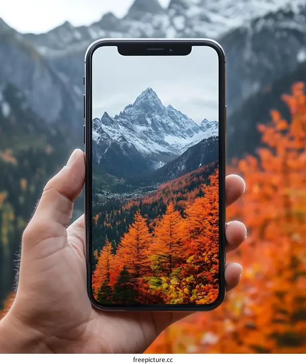 Hand Holding a Smartphone with Mountain View in Autumn