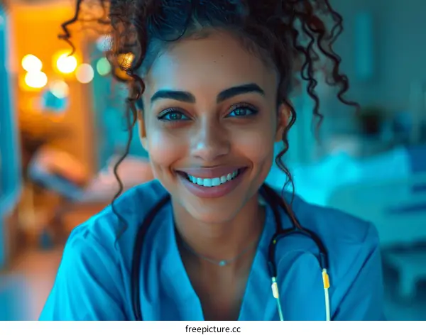 Portrait of a smiling female doctor or nurse in blue scrubs