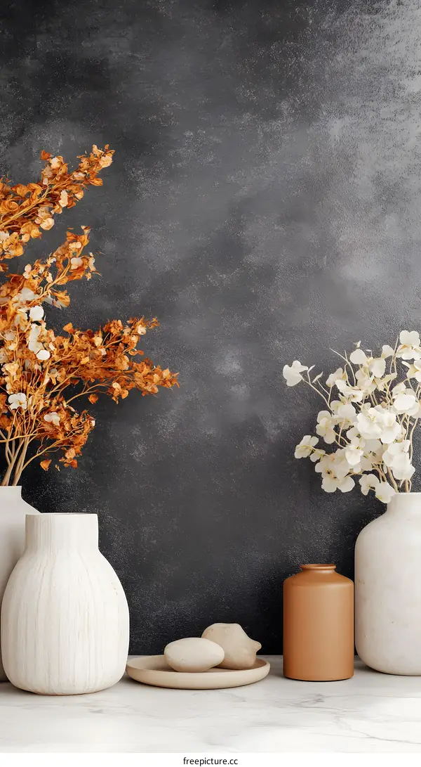Minimalist Home Decor with Dried Flowers in Vases on a Marble Table