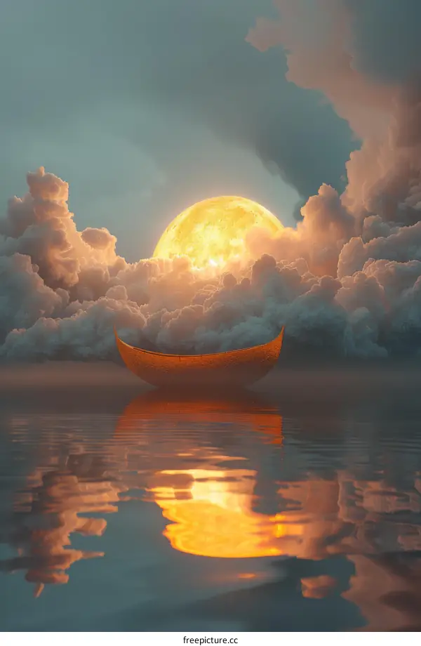 Golden crescent moon above water with full moon and clouds reflected in water