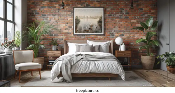 Cozy Brick Wall Bedroom with Plants
