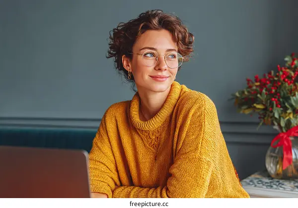 Woman in yellow sweater working on laptop