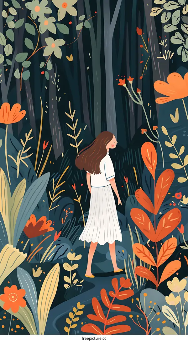 Girl Walking Through Colorful Forest Illustration