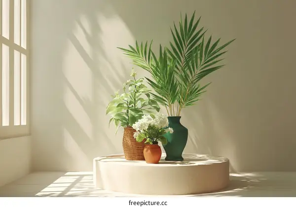 Elegant Indoor Plants Display with Soft Sunlight
