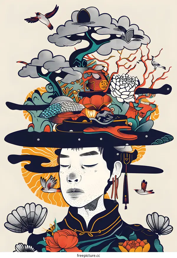 Asian Man Surrounded By Nature In An Illustration