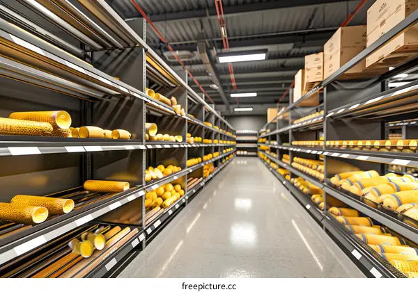 Empty Supermarket Aisle with Shelves Stocked with Yellow Products