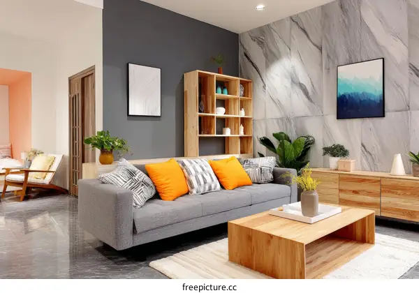Modern Living Room Interior Design with Gray Sofa