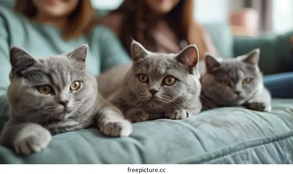 Three British Shorthair cats relaxing on a sofa