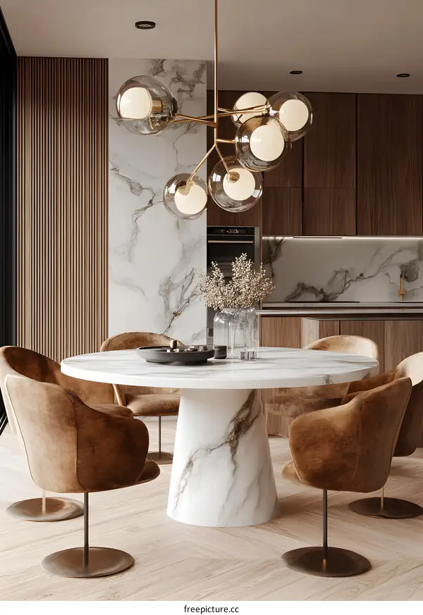 Modern Interior Design with Marble Table and Brown Velvet Chairs