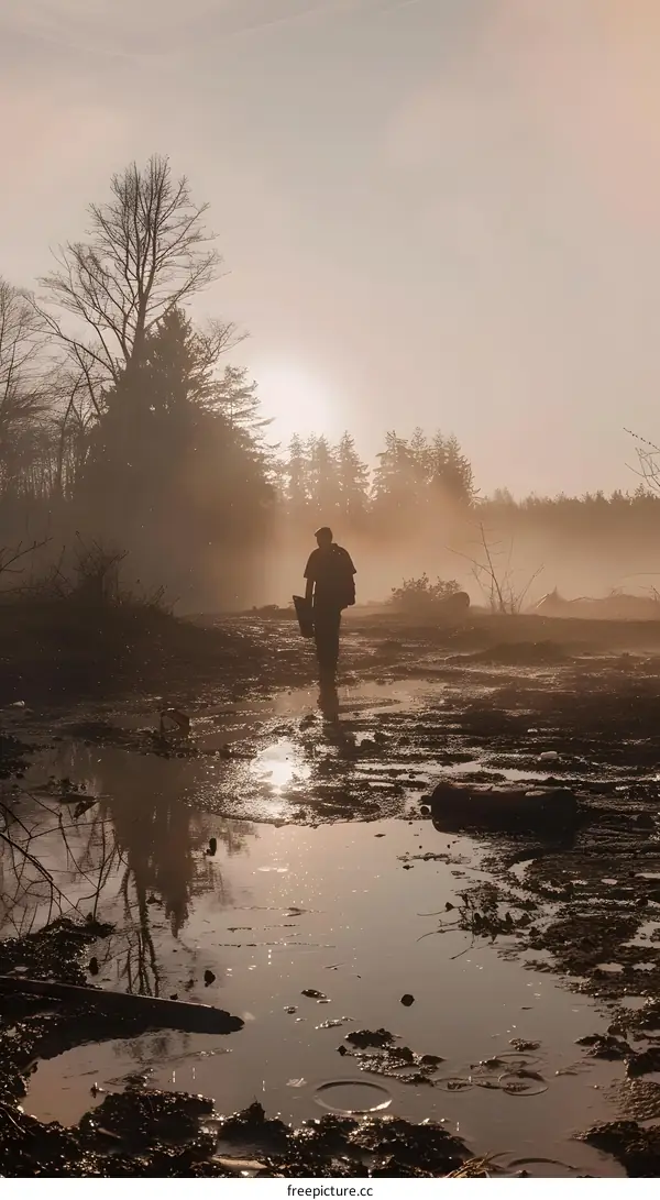 Silhouette of a Man Walking Through a Foggy Field