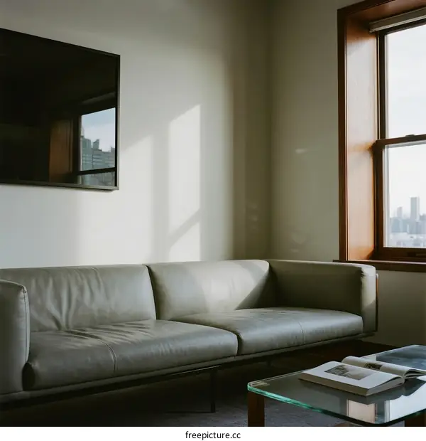 A minimalist living room with leather sofa and large window
