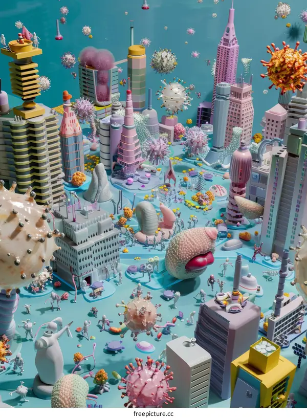 A surreal city with virus-like structures and tiny people