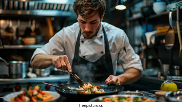 Young male chef cooking in a commercial kitchen