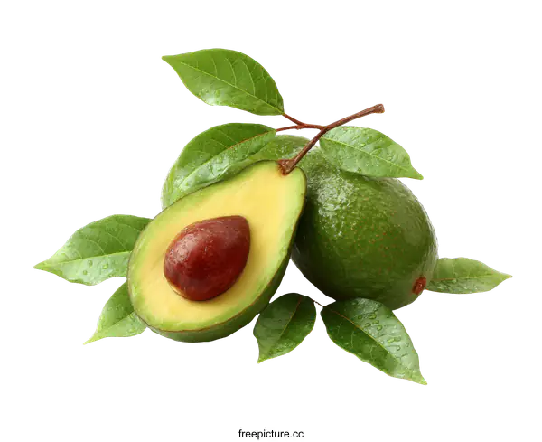 [Transparent Background PNG]Fresh Avocado with Leaves Close-up