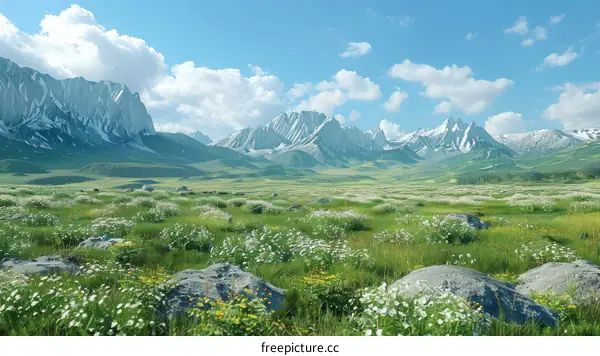 Alpine Meadow and Snow-capped Mountains
