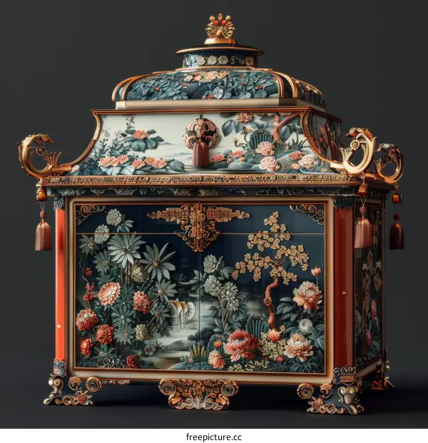 A beautiful Chinese antique jewelry box with flowers and birds