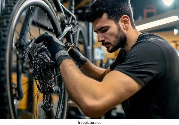 Man Fixing Bike in a Workshop