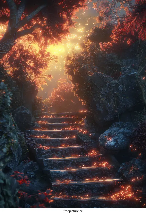 Sunlit Stone Steps on a Mystical Forest Path