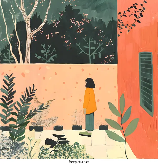 Woman Standing In Front of A Wall with Green Plants and Trees