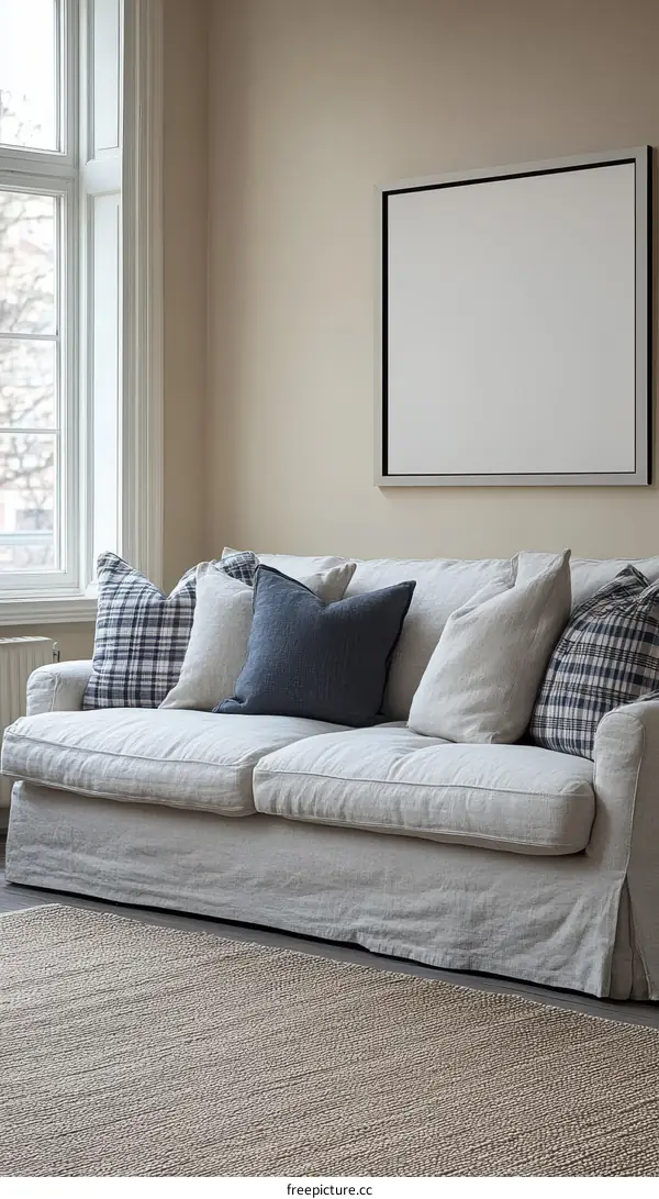 Beige Living Room with Blank Canvas Art
