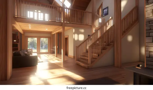 Modern Wooden Staircase and Sunlit Living Room Interior Design