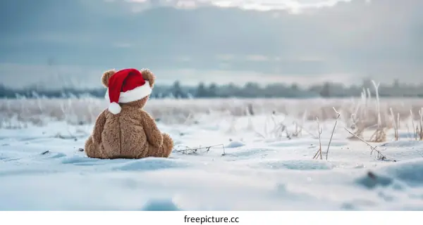 Lonely Teddy Bear Sits on Snowy Field in Winter